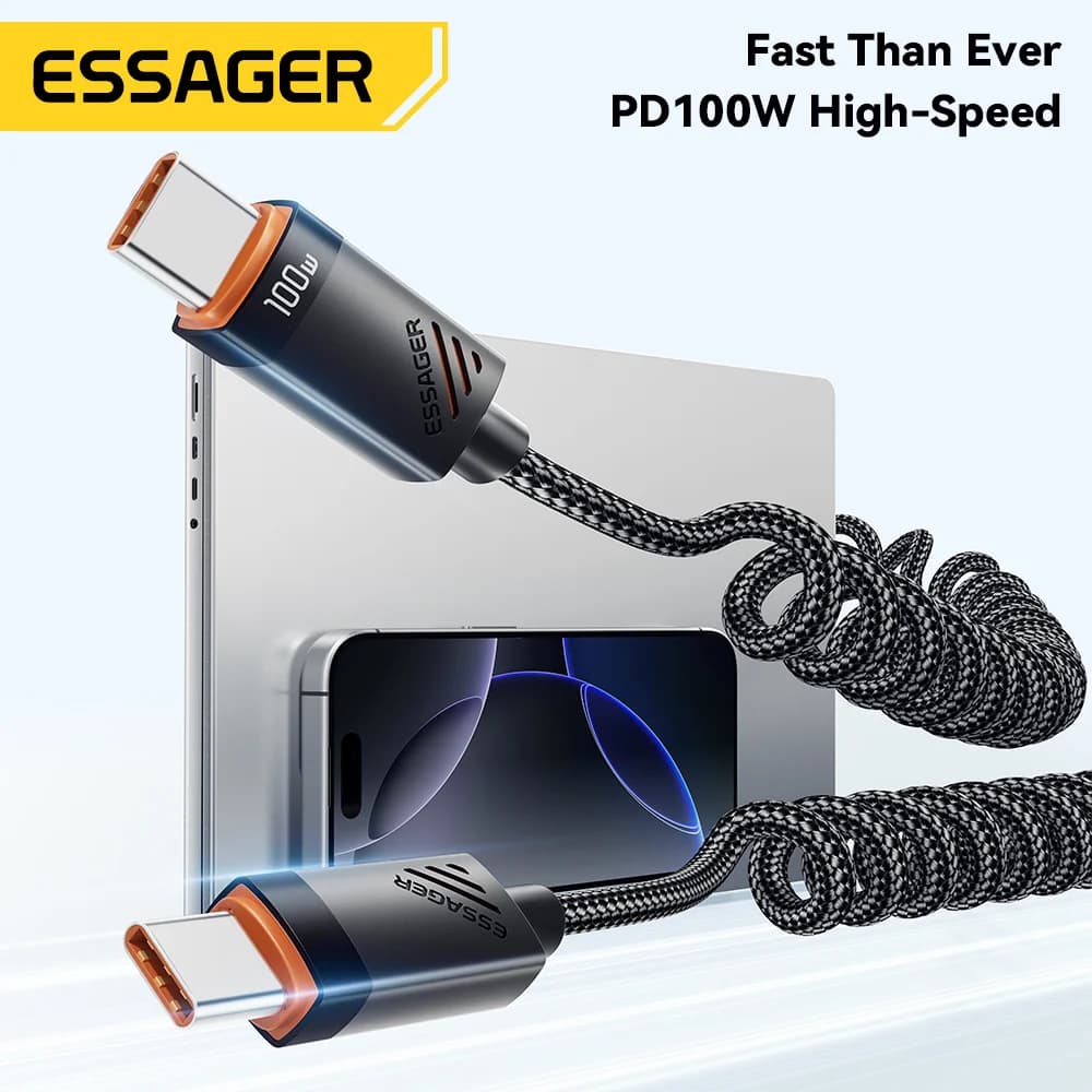 100W Spiraalvormige USB-C naar USB-C Snellaadkabel
