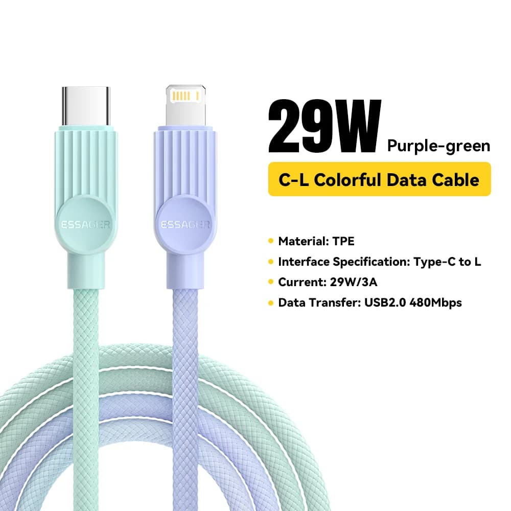 Kleurrijke USB-C naar Lightning kabel, 29W PD