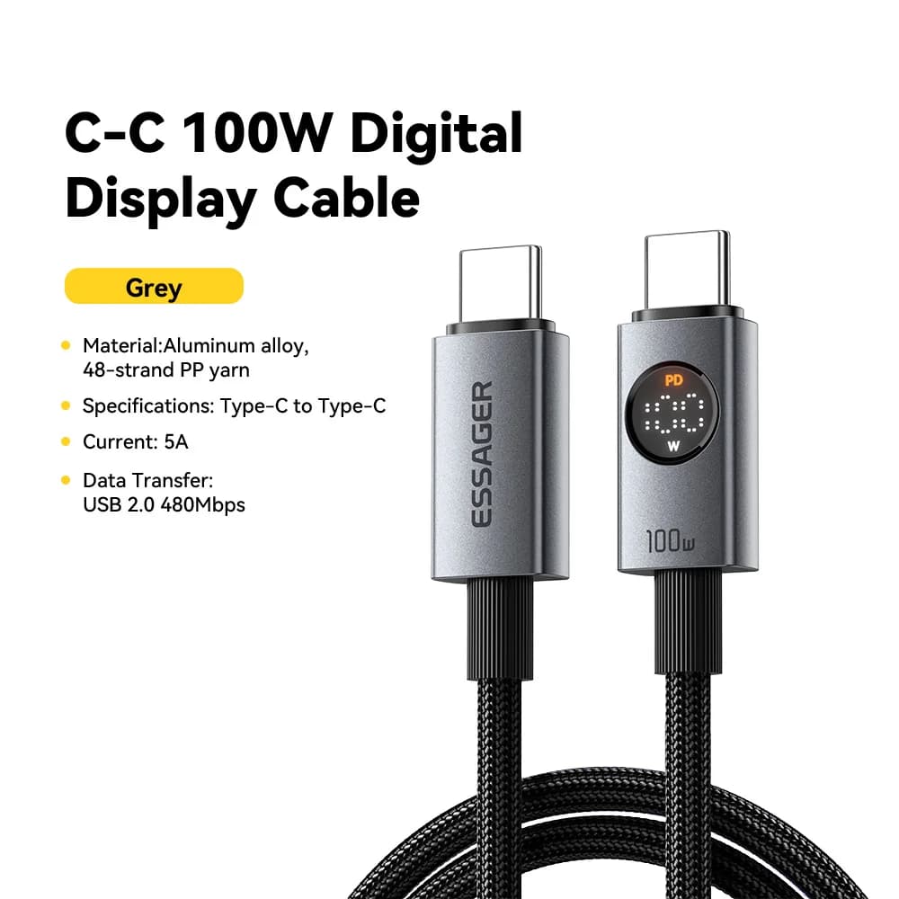 100W USB-C naar USB-C Kabel met Digitale Weergave
