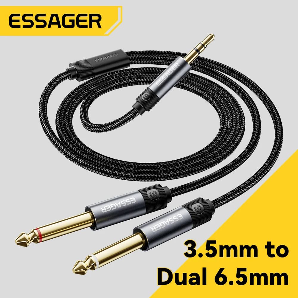 3,5 mm naar dubbele 6,35 mm stereo audio-adapterkabel