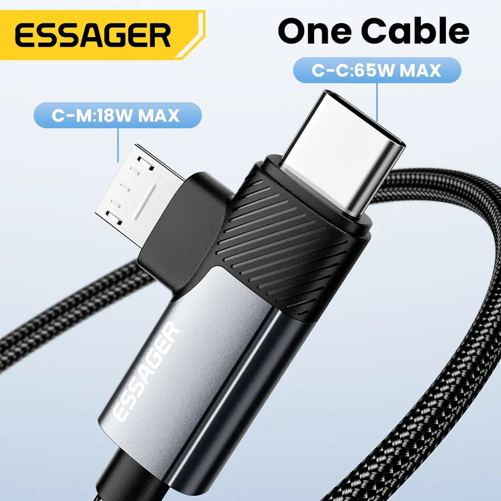 2-in-1 65W PD Snellaadkabel Type-C/USB-A naar Micro