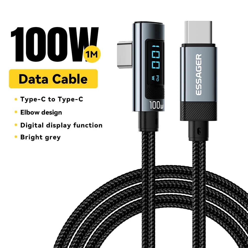 100W USB Type-C kabel met 90° hoek en LED-display