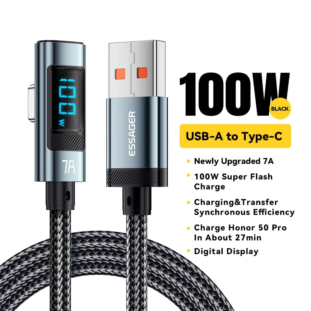 100W USB Type-C kabel met 90° hoek en LED-display