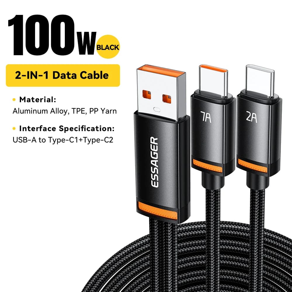 2-in-1 USB-A naar Type-C en Lightning-kabel, 100W